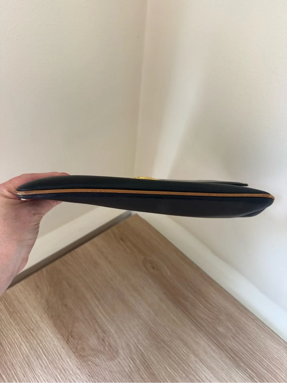 Vintage Celine Black Leather Fold-Over Clutch with Gold Hardware